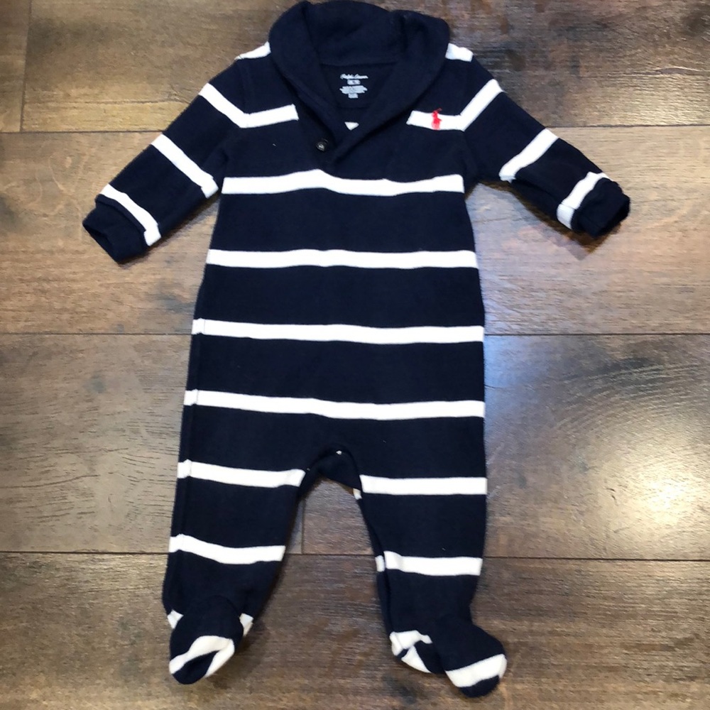 Ralph Lauren Navy/White Collared Striped Knit Onesie with Snaps, Size 6 months